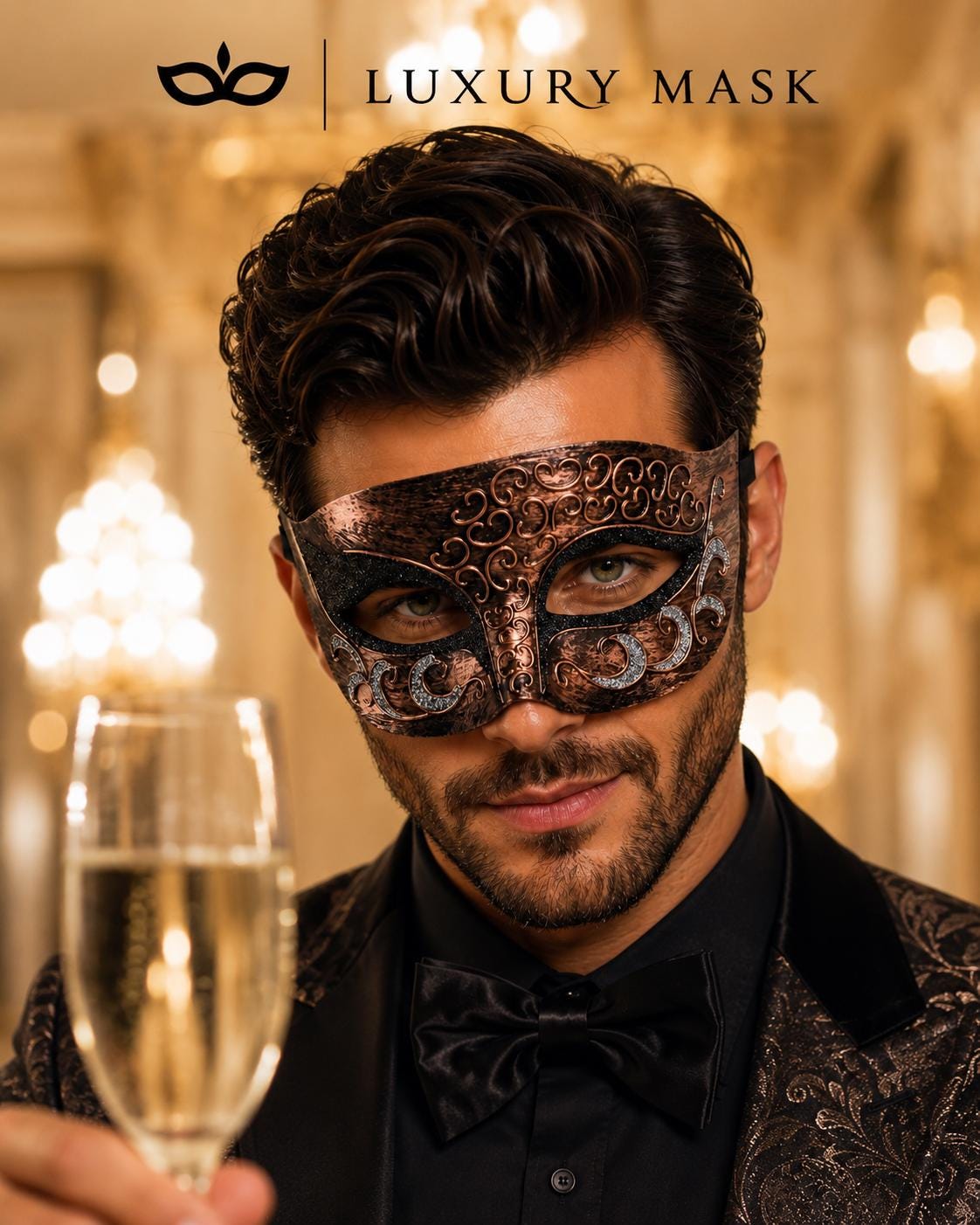 Copper Black Venetian Eye Mask with Silver Glitter
