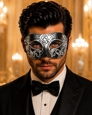 Black Venetian Mask for Men – Silver Glitter Design