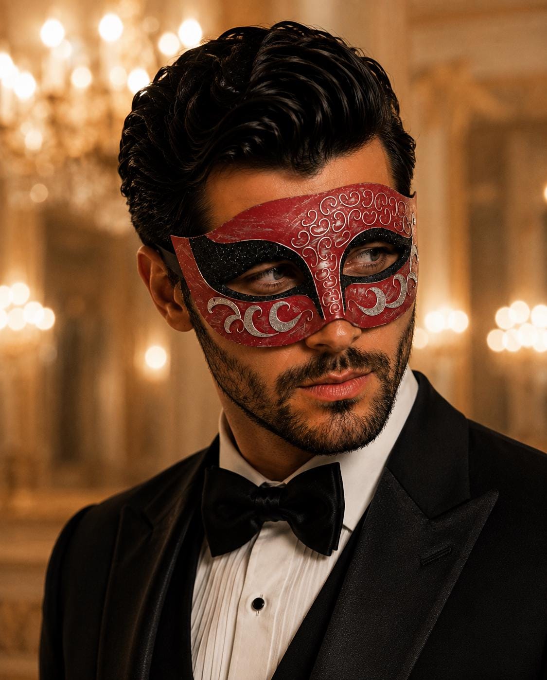 Red Masquerade Mask for Men - Black and Silver Glitter Venetian Eye Mask - Image 2