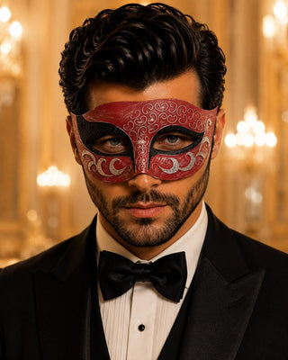 Red Masquerade Mask for Men - Black and Silver Glitter Venetian Eye Mask