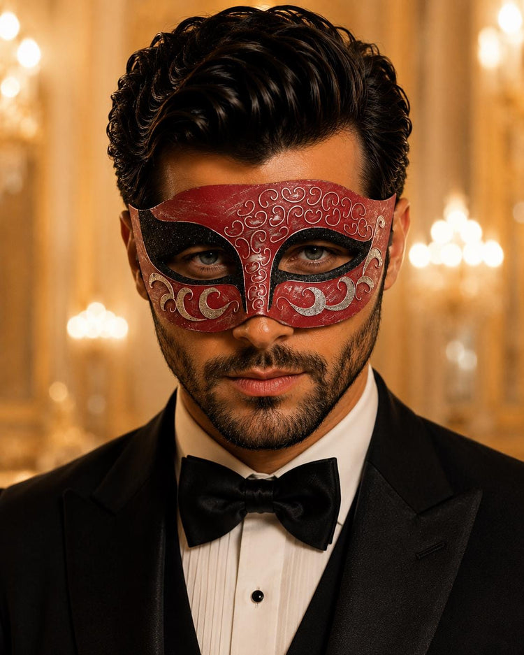 Red Masquerade Mask for Men - Black and Silver Glitter Venetian Eye Mask