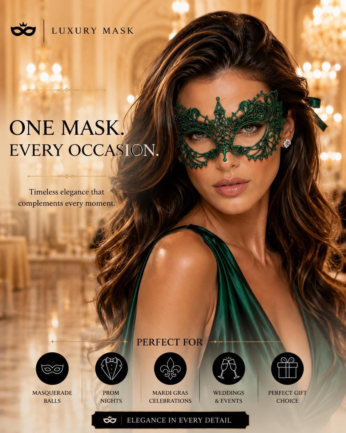 Green lace masquerade mask for women product view 7
