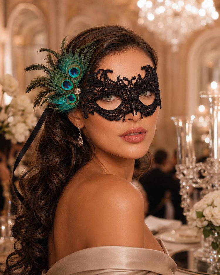Black peacock feather masquerade mask for women