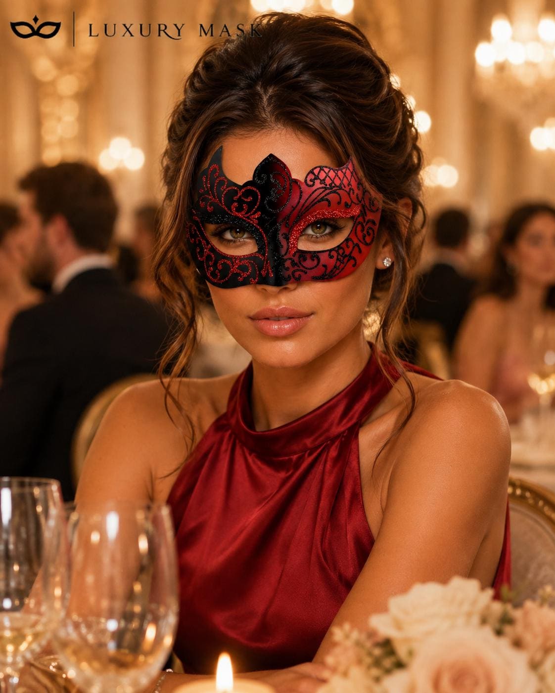 Black Red lace masquerade mask for women product view 3