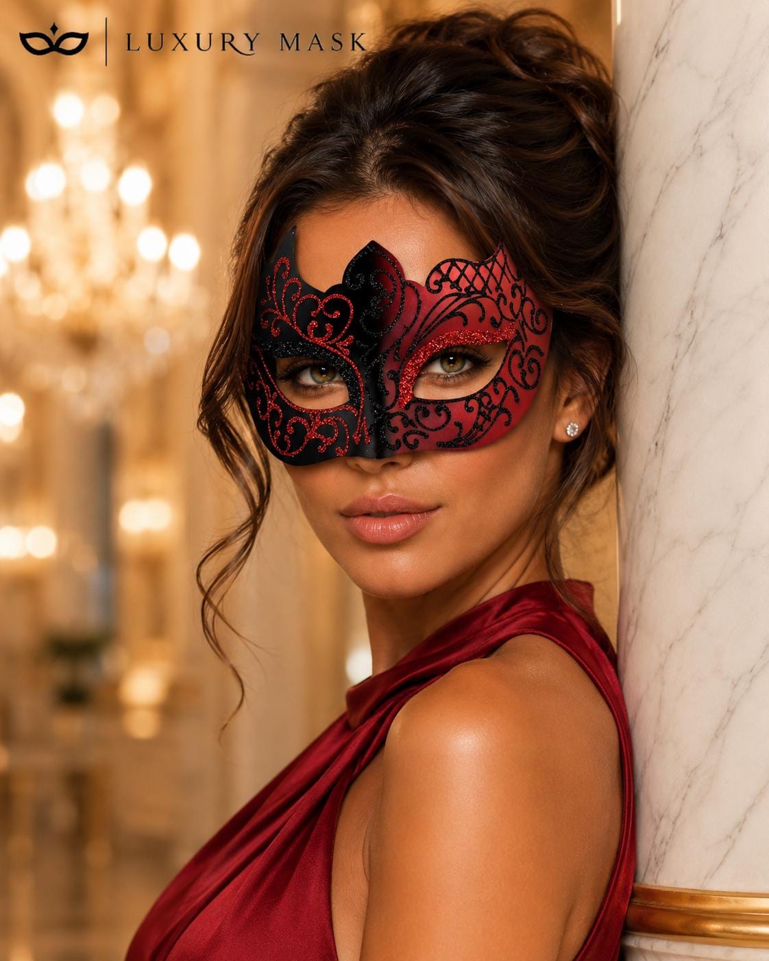 Black Red lace masquerade mask for women product view 4