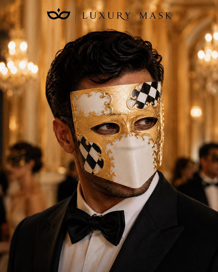 Gold White Venetian Bauta Mask with Black Checkered Design product view 2