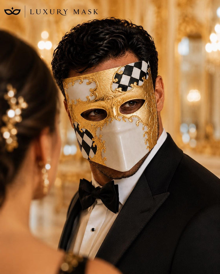 Gold White Venetian Bauta Mask with Black Checkered Design product view 3