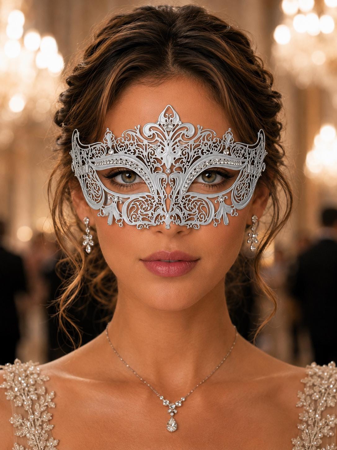 White Crown Masquerade Mask with Clear Rhinestones