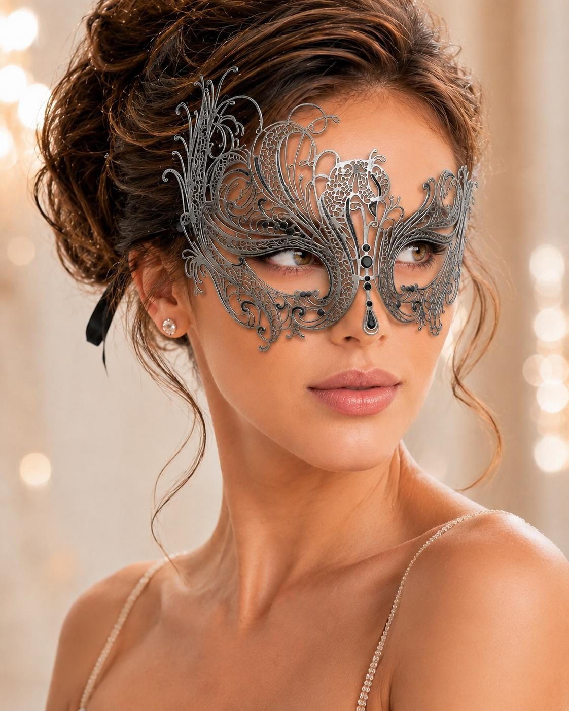 Antique Silver Swan Masquerade Mask with Black Stones product view 2