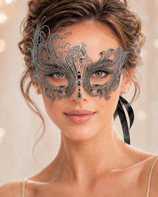 Antique Silver Swan Masquerade Mask with Black Stones