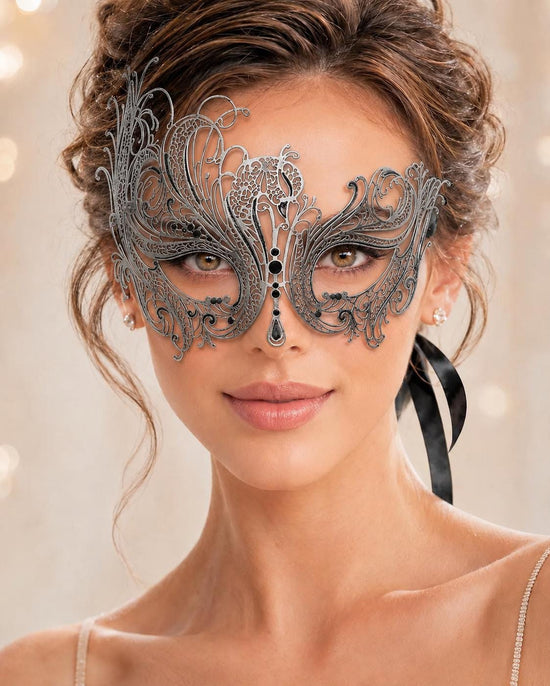 Antique Silver Swan Masquerade Mask with Black Stones