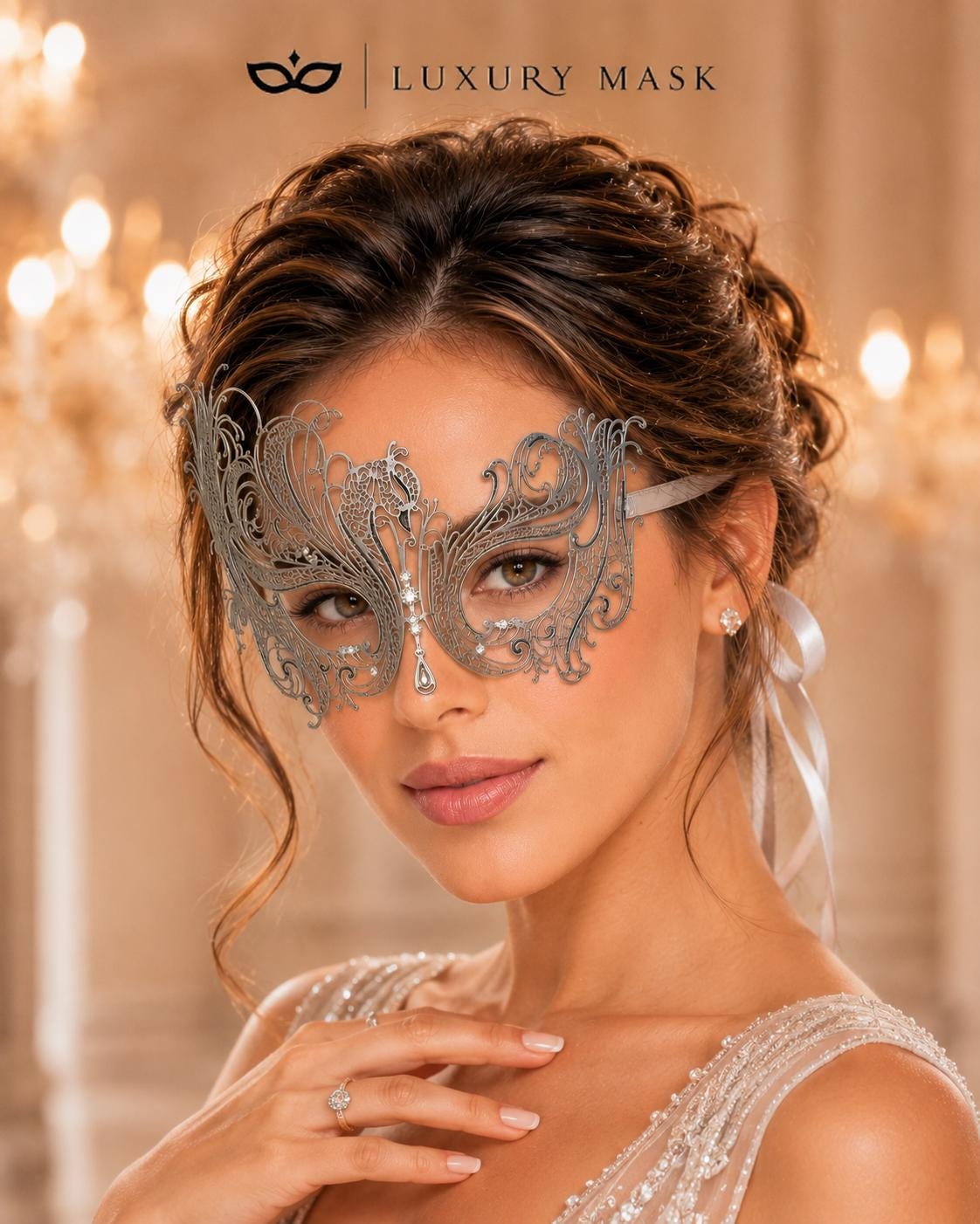 Antique Silver Swan Masquerade Mask with Clear Stones product view 3