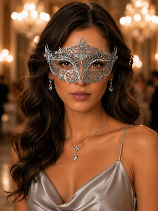 Silver Crown Masquerade Mask with Clear Rhinestones product view 2