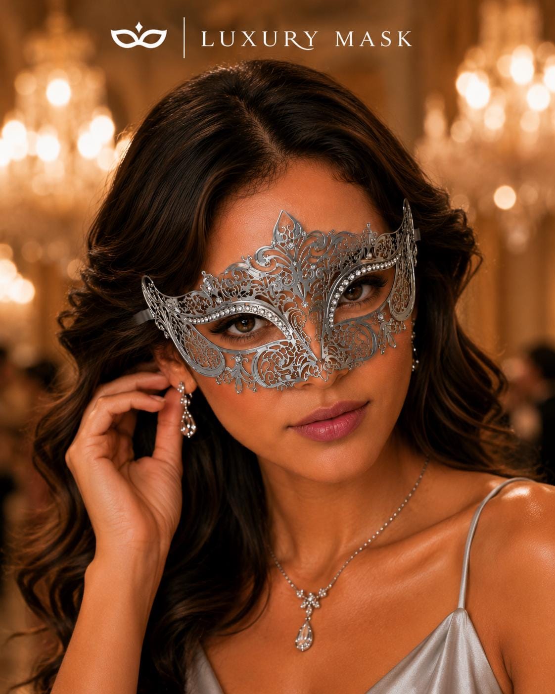 Silver Crown Masquerade Mask with Clear Rhinestones product view 4