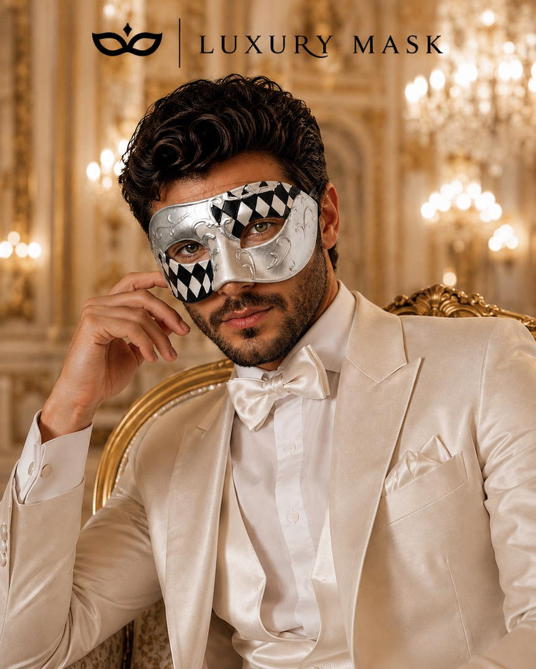 Black Masquerade Mask for Men - Silver Half-Checkered Noir Venetian Design - Image 3