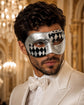 Black Masquerade Mask for Men - Silver Half-Checkered Noir Venetian Design - Image 2