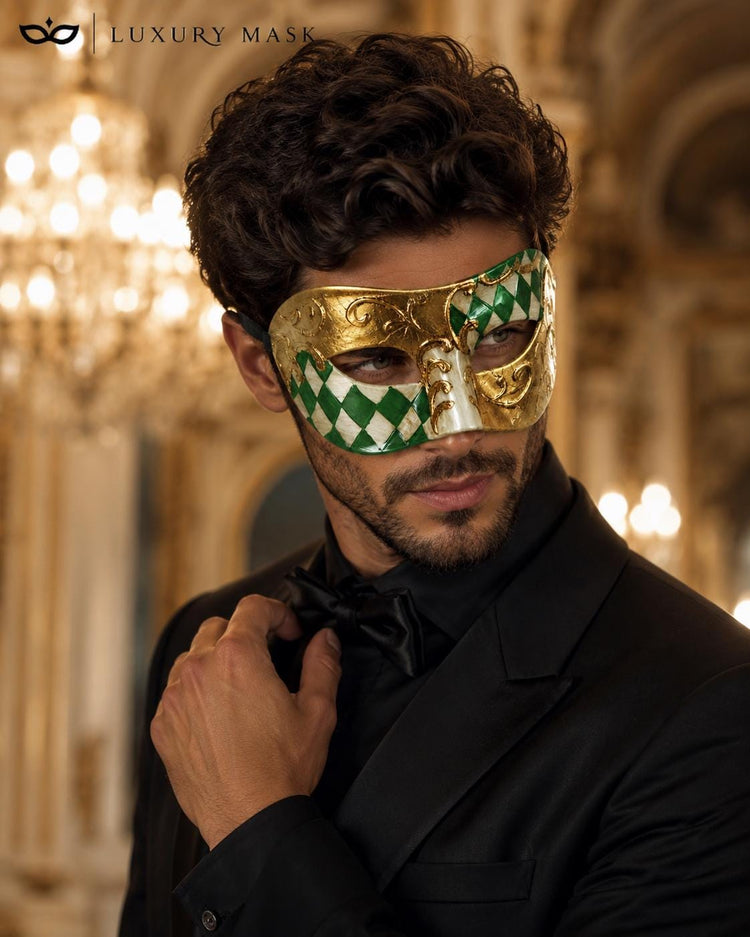 Green Masquerade Mask for Men - Gold Half-Checkered Venetian Design - Image 2