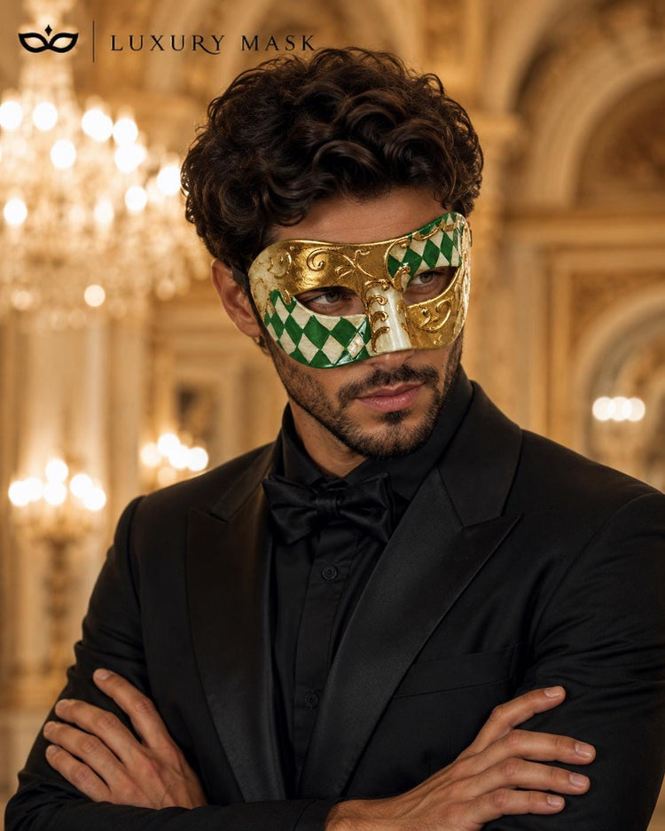 Green Masquerade Mask for Men - Gold Half-Checkered Venetian Design - Image 4