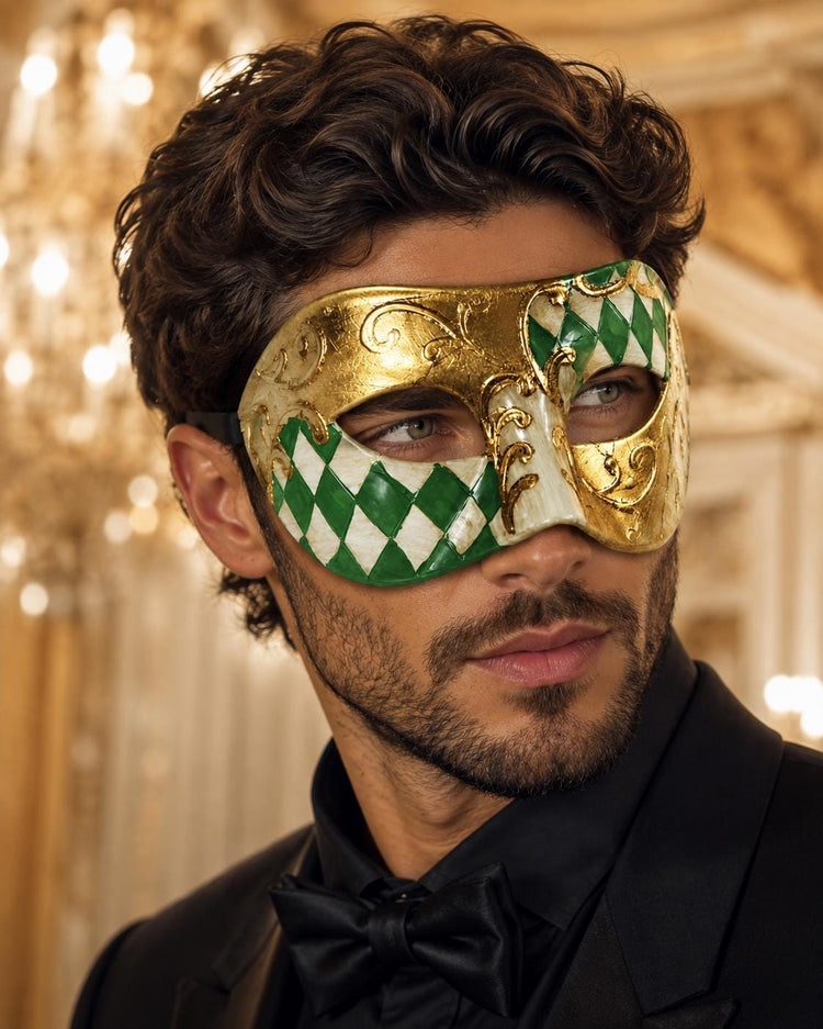 Green Masquerade Mask for Men - Gold Half-Checkered Venetian Design - Image 3