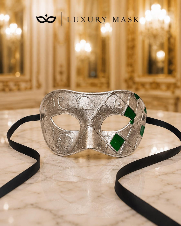 Green Masquerade Mask for Men - Antique Silver Venetian Eye Mask - Image 5