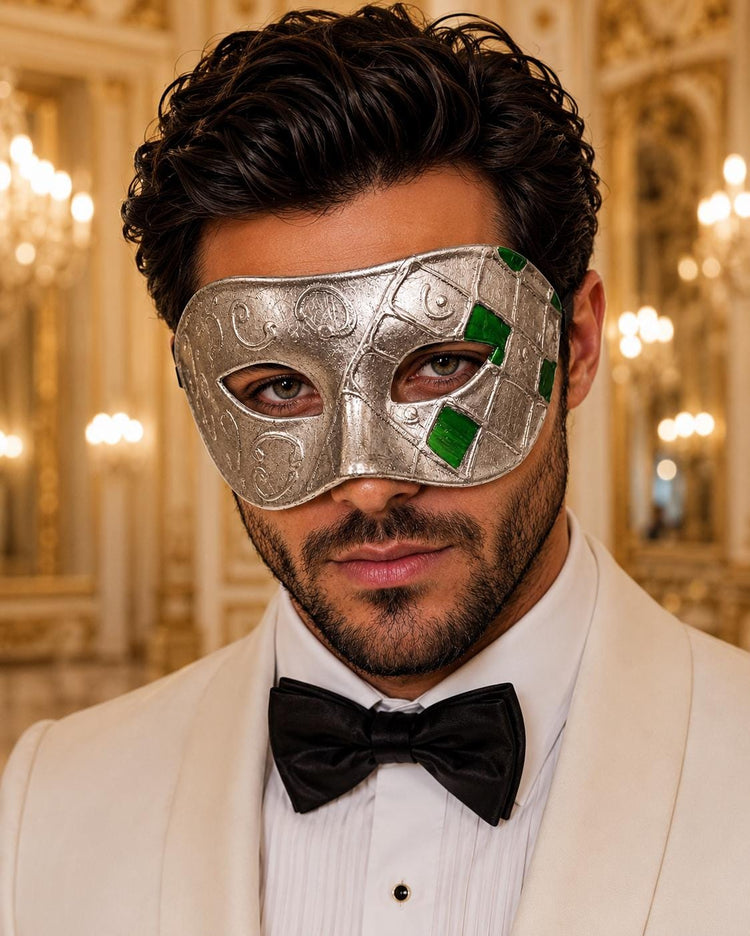 Green Masquerade Mask for Men - Antique Silver Venetian Eye Mask