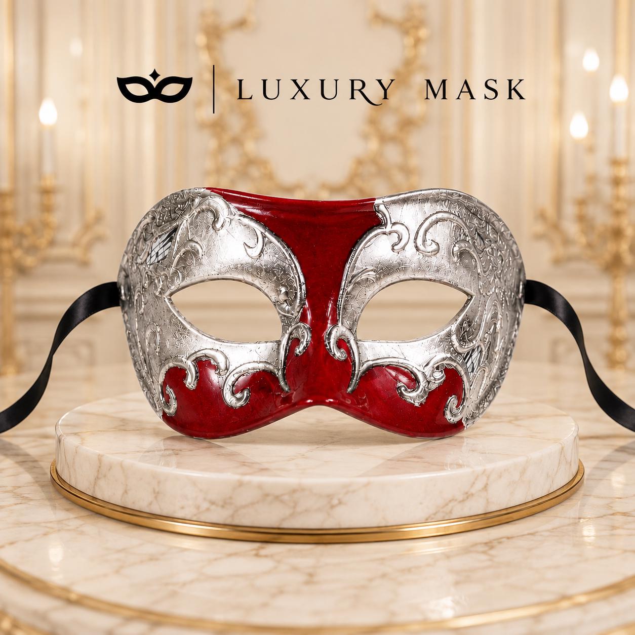 Red Masquerade Mask for Men - Silver Musical Venetian Sheet Music Design - Image 5