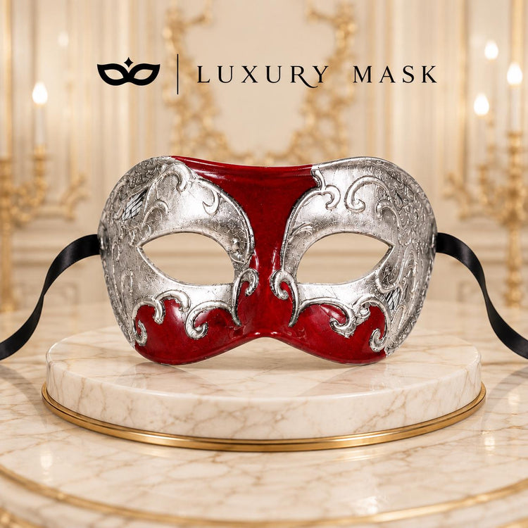 Red Masquerade Mask for Men - Silver Musical Venetian Sheet Music Design - Image 5
