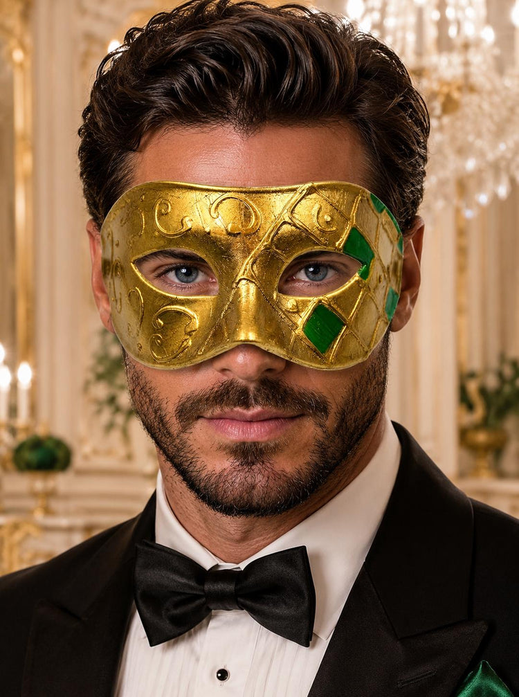 Green Masquerade Mask for Men - Antique Gold Venetian Eye Mask
