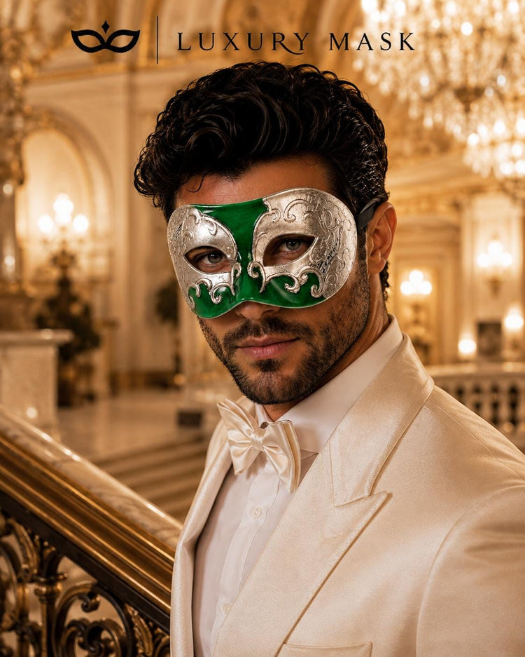 Green Masquerade Mask for Men - Silver Musical Venetian Sheet Music Design - Image 3