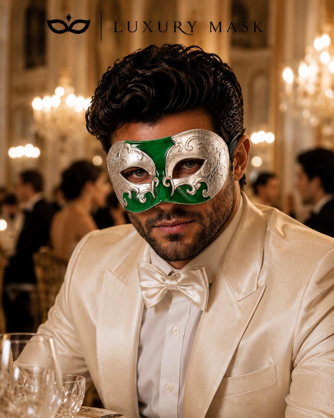 Green Masquerade Mask for Men - Silver Musical Venetian Sheet Music Design - Image 4