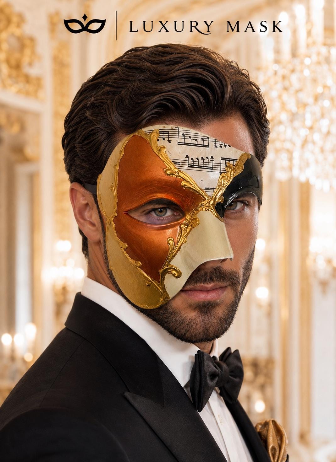 Gold Masquerade Mask for Men - Copper Antique Phantom of the Opera Design - Image 3