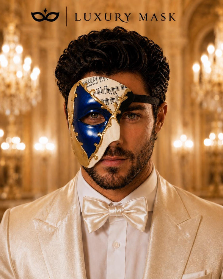 Blue Masquerade Mask for Men - Gold Musical Phantom One-Eye Venetian Design - Image 2