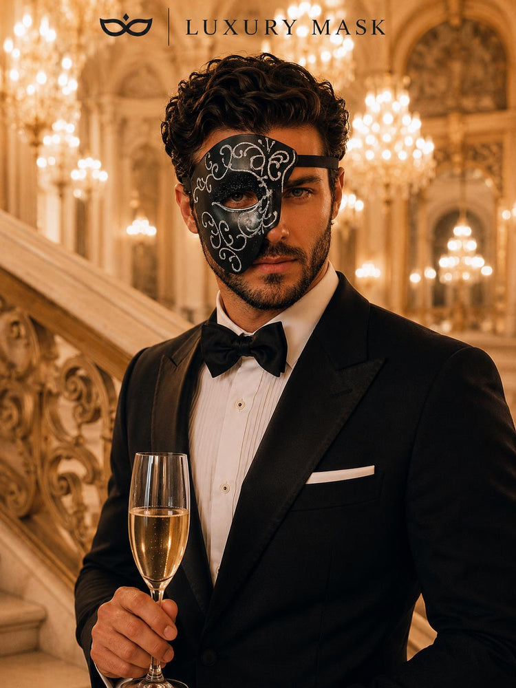 Black Masquerade Mask for Men - Silver Glitter Phantom One-Eye Venetian Design - Image 3