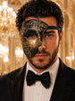 Black Masquerade Mask for Men - Gold Glitter Phantom One-Eye Venetian Design - Image 2