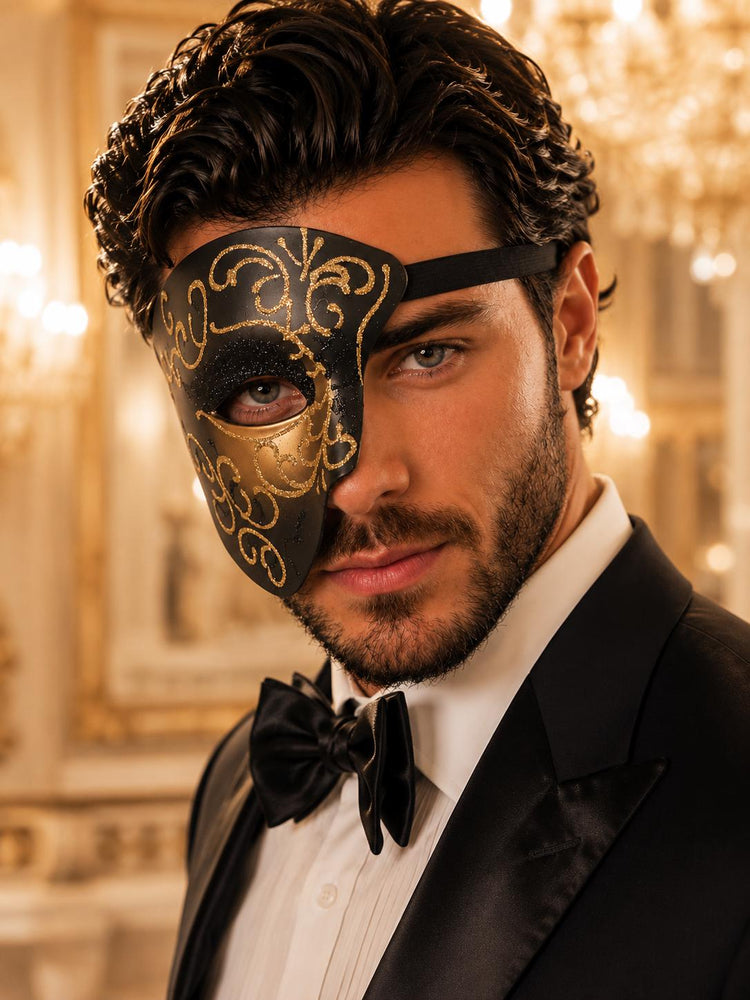 Black Masquerade Mask for Men - Gold Glitter Phantom One-Eye Venetian Design - Image 3