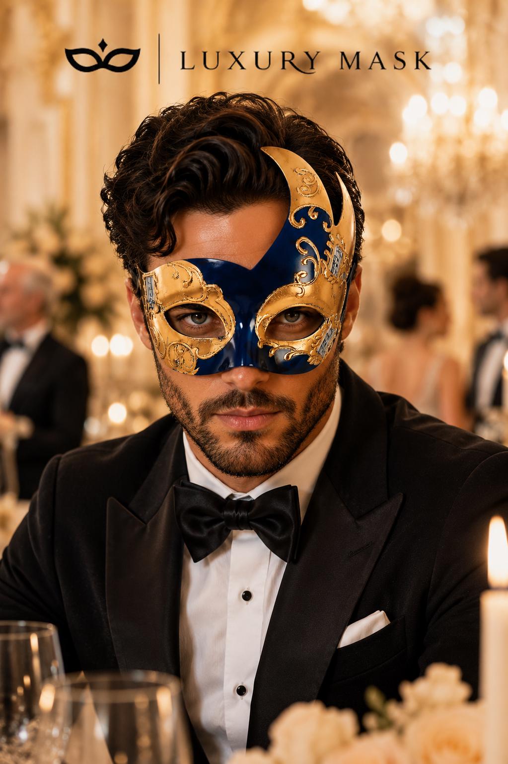 Blue Masquerade Mask for Men - Gold Musical Venetian Artistic Design - Image 3