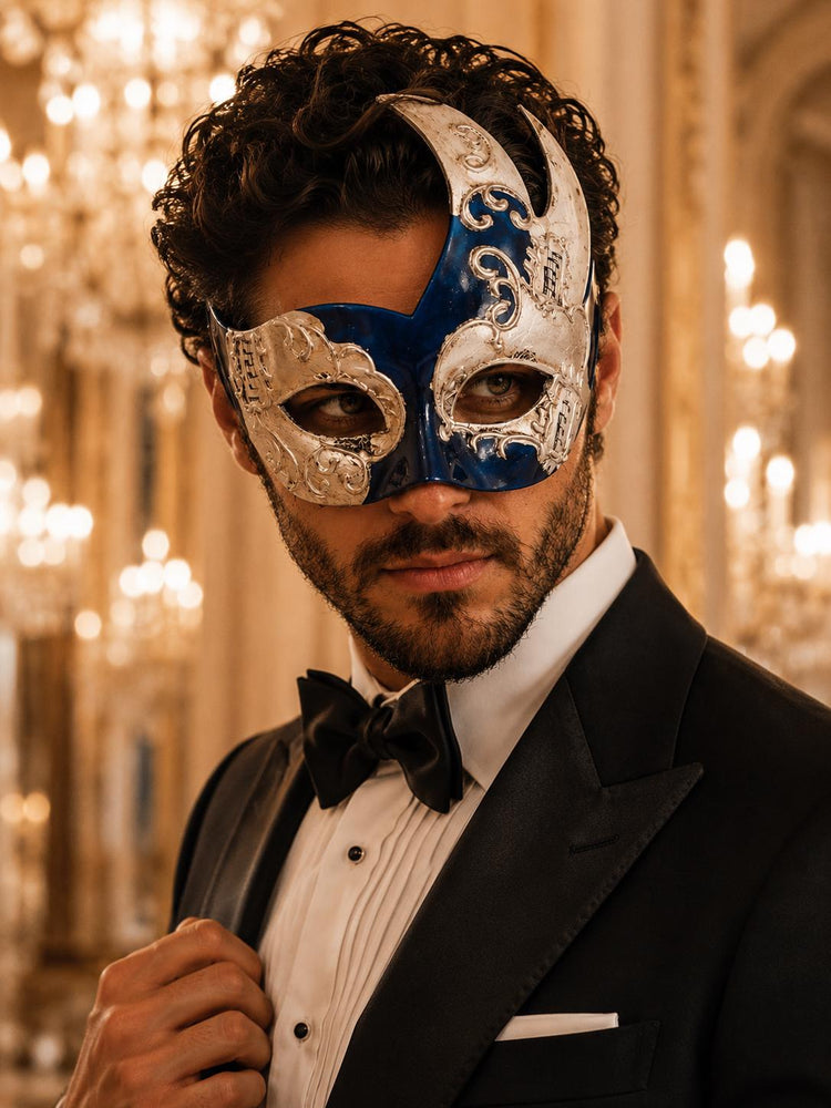 Blue Masquerade Mask for Men - Silver Musical Venetian Two-Tone Design - Image 2
