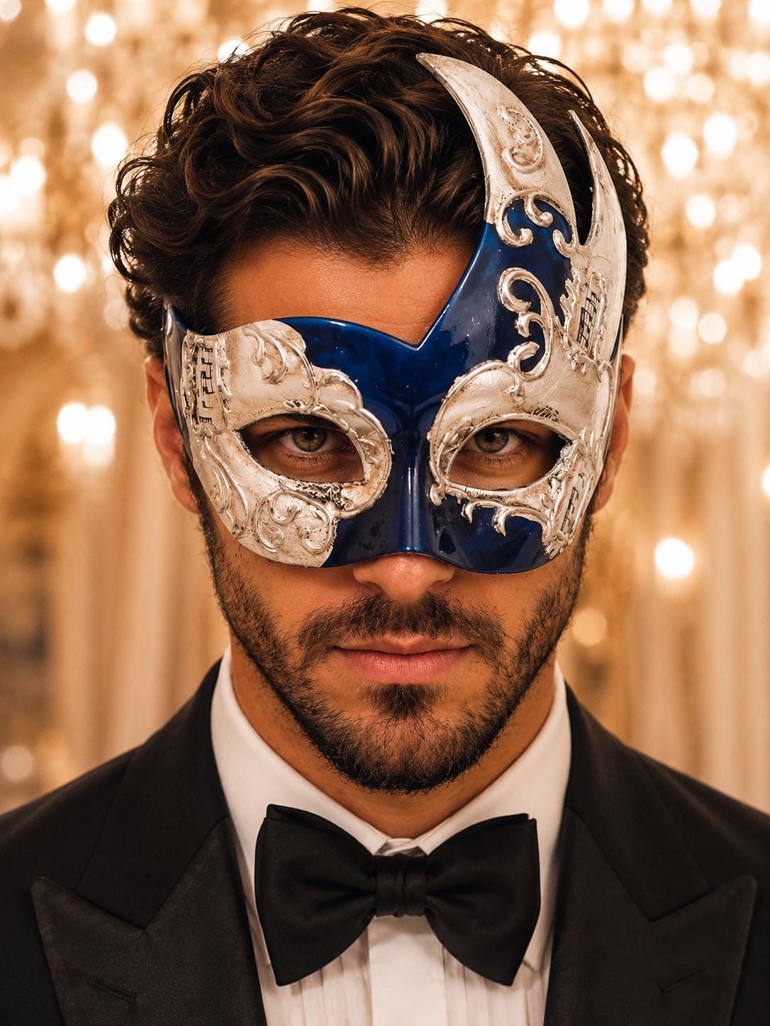 Blue Masquerade Mask for Men - Silver Musical Venetian Two-Tone Design