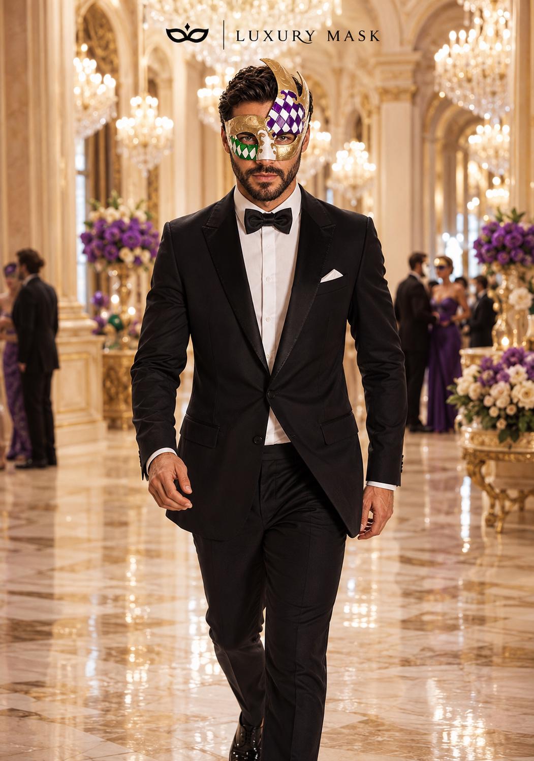 Gold Masquerade Mask for Men - Purple and Green Checkered Tall Venetian Design - Image 4