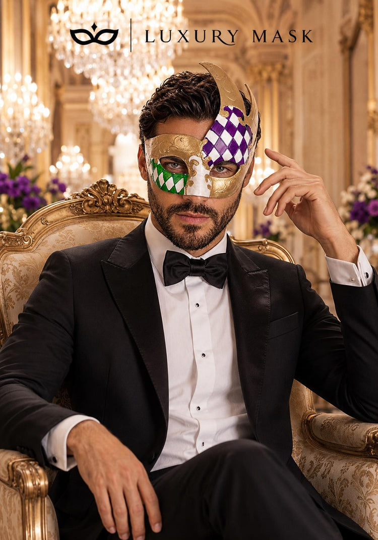 Gold Masquerade Mask for Men - Purple and Green Checkered Tall Venetian Design - Image 3
