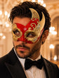 Red Masquerade Mask for Men - Gold Musical Tall Asymmetrical Venetian Design - Image 2