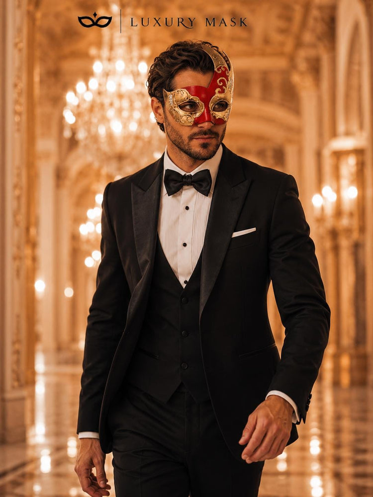 Red Masquerade Mask for Men - Gold Musical Tall Asymmetrical Venetian Design - Image 4