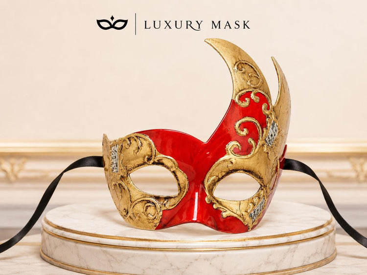 Red Masquerade Mask for Men - Gold Musical Tall Asymmetrical Venetian Design - Image 5