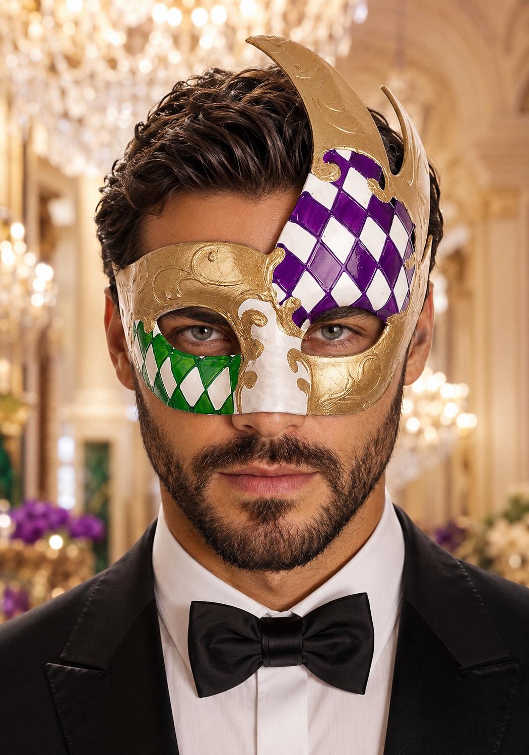 Gold Masquerade Mask for Men - Purple and Green Checkered Tall Venetian Design