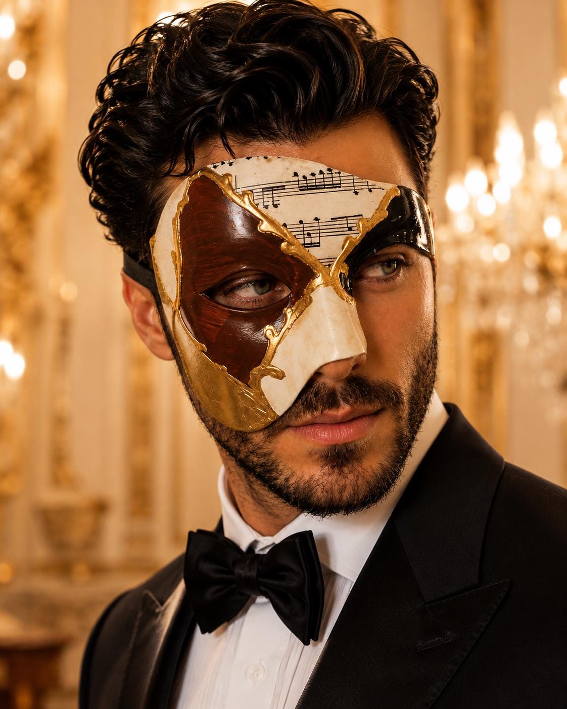 Brown Masquerade Mask for Men - Gold and Black Musical Venetian Sheet Music Design - Image 2