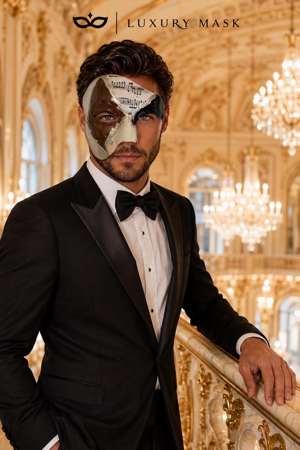 Silver Masquerade Mask for Men - Mocha Brown Musical Venetian Sheet Music Design - Image 4