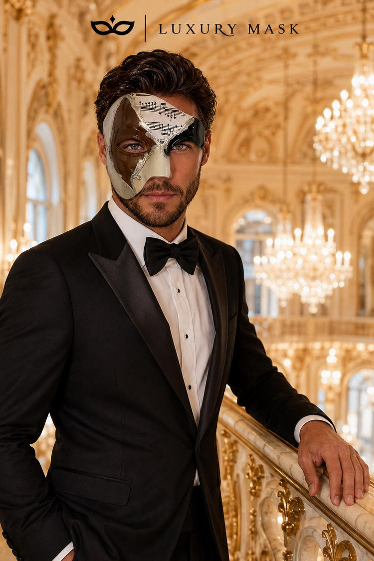 Silver Masquerade Mask for Men - Mocha Brown Musical Venetian Sheet Music Design - Image 4