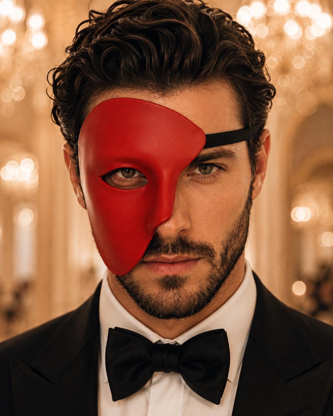 Red Masquerade Mask for Men - Phantom of the Opera One-Eye Venetian Mask