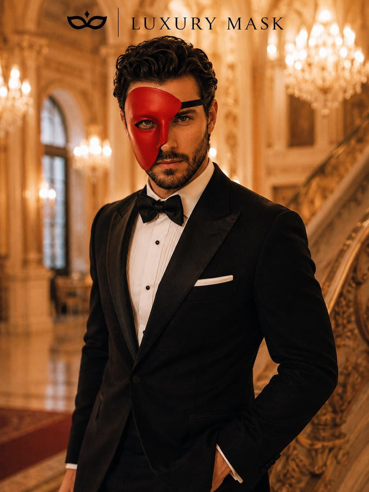Red Masquerade Mask for Men - Phantom of the Opera One-Eye Venetian Mask - Image 4