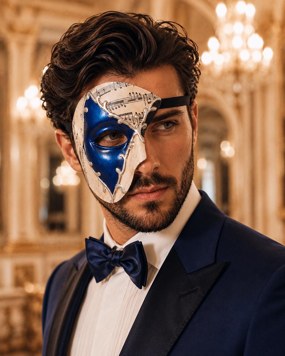 Blue Masquerade Mask for Men - Silver Musical Phantom One-Eye Venetian Mask - Image 2